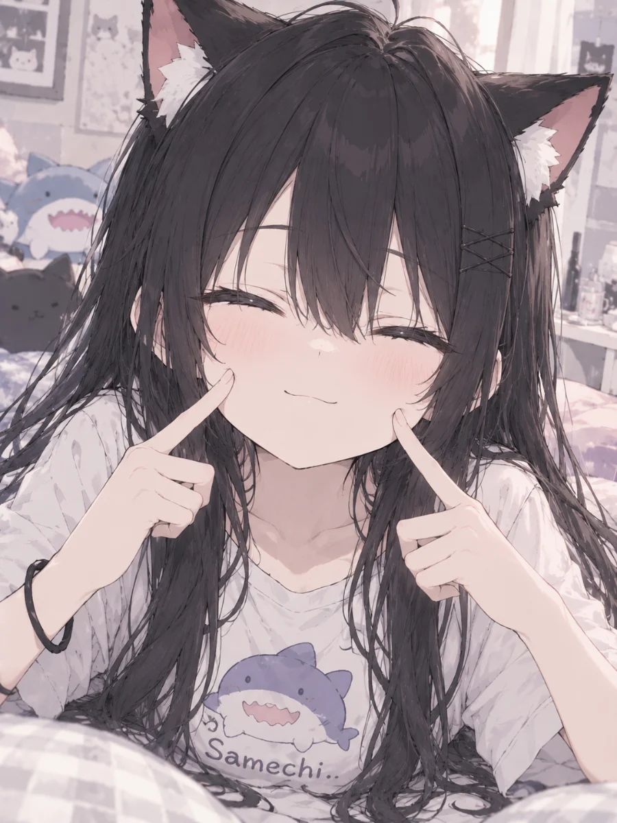 お部屋で目を閉じて微笑み、両手の指をほっぺに添えるなよ。さめち柄の部屋着を着ています。